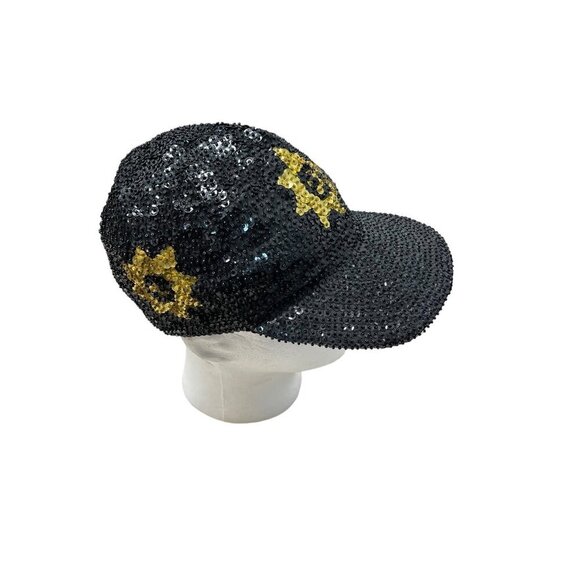 VTG Hurry Up Womens 80's Sequin Baseball Cap Disco Rave Black Gold - Picture 1 of 8
